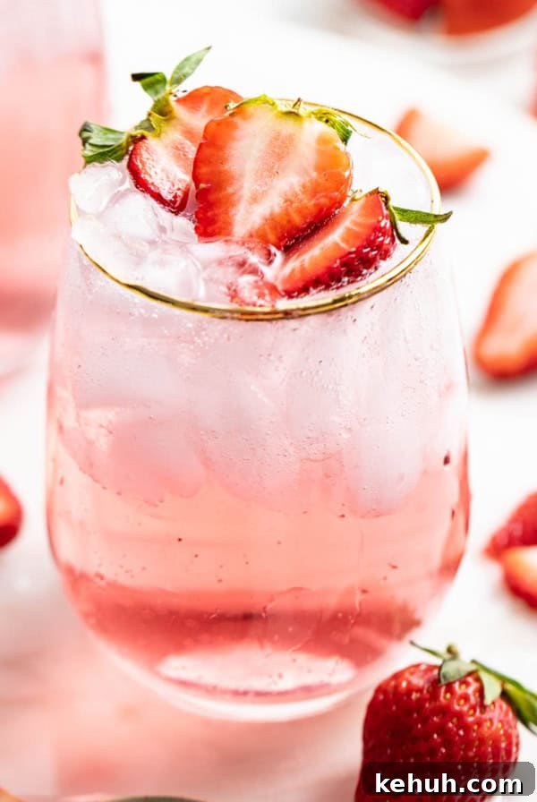 Gluten-Free Strawberry Cupcakes with Cream Cheese Frosting 8 A strawberry mocktail with ice and fresh strawberries.