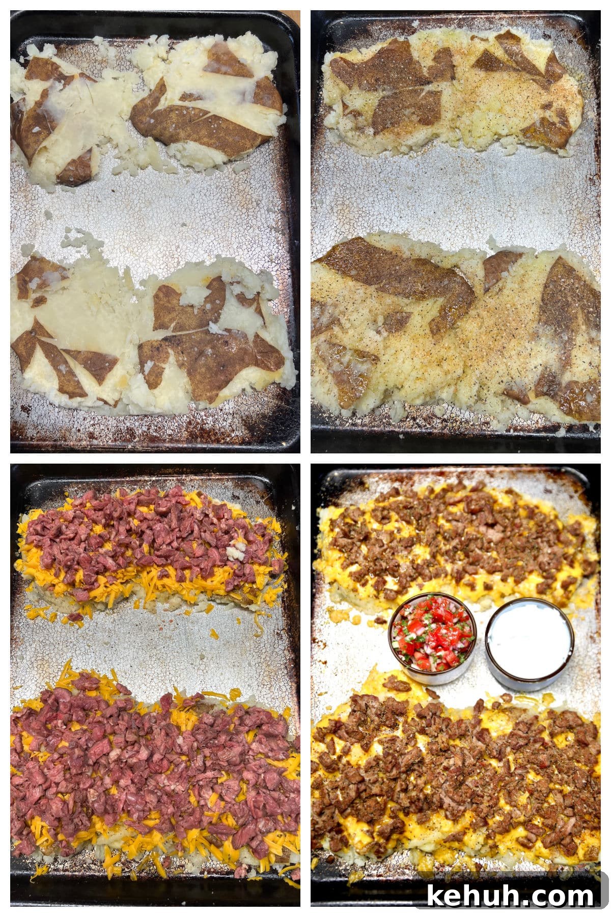 Smashing baked potatoes and adding beef and cheese.