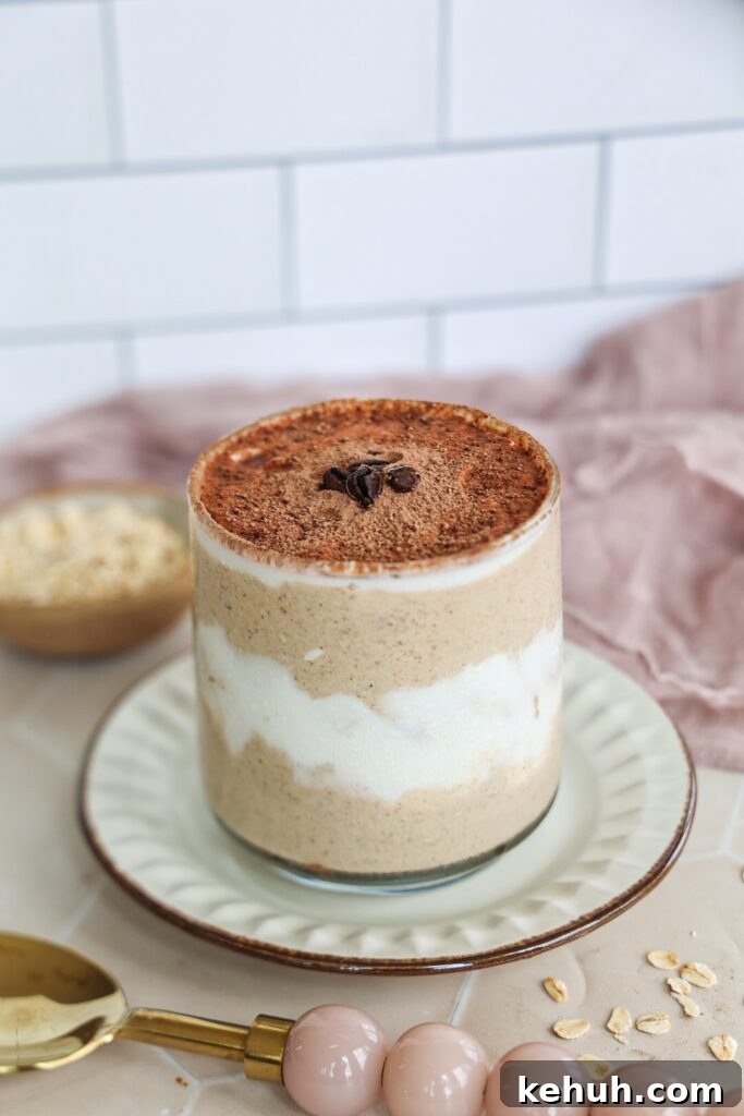 Tiramisu layered overnight oats with chia seeds.