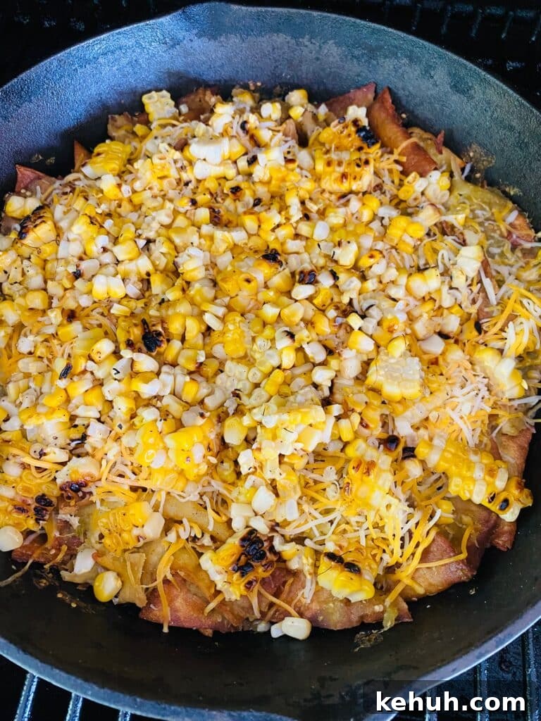 Smoked Street Corn Chilaquiles before adding the toppings