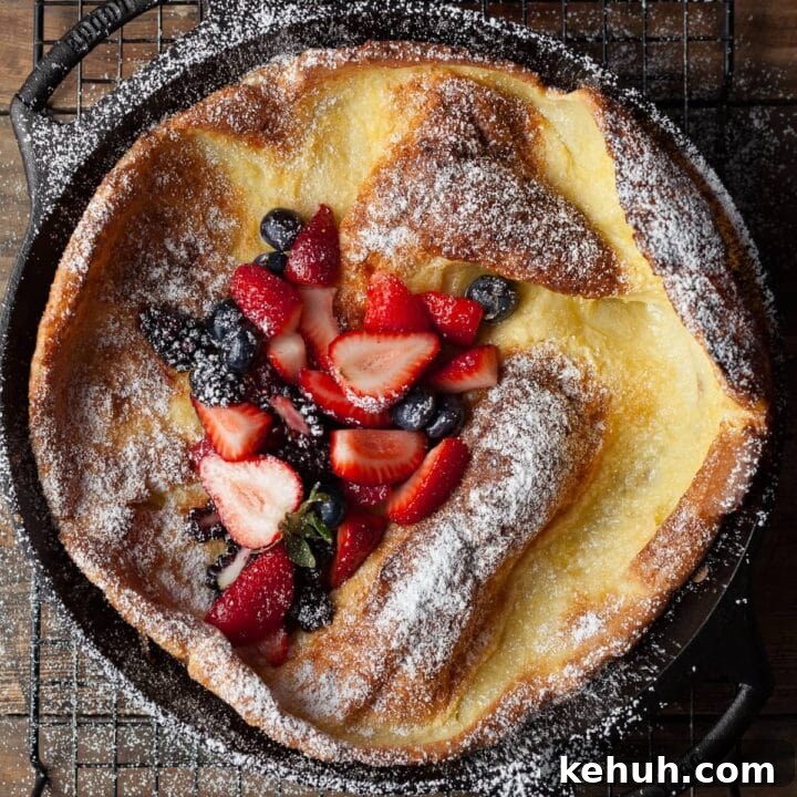 a gluten free dutch baby in a cast iron pan. dusted with powdered sugar and topped with fresh fruit
