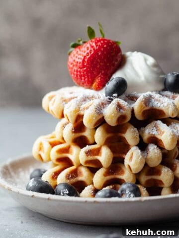 close up of sour cream waffles, gluten free waffles topped with powdered sugar, sour cream and fresh berries