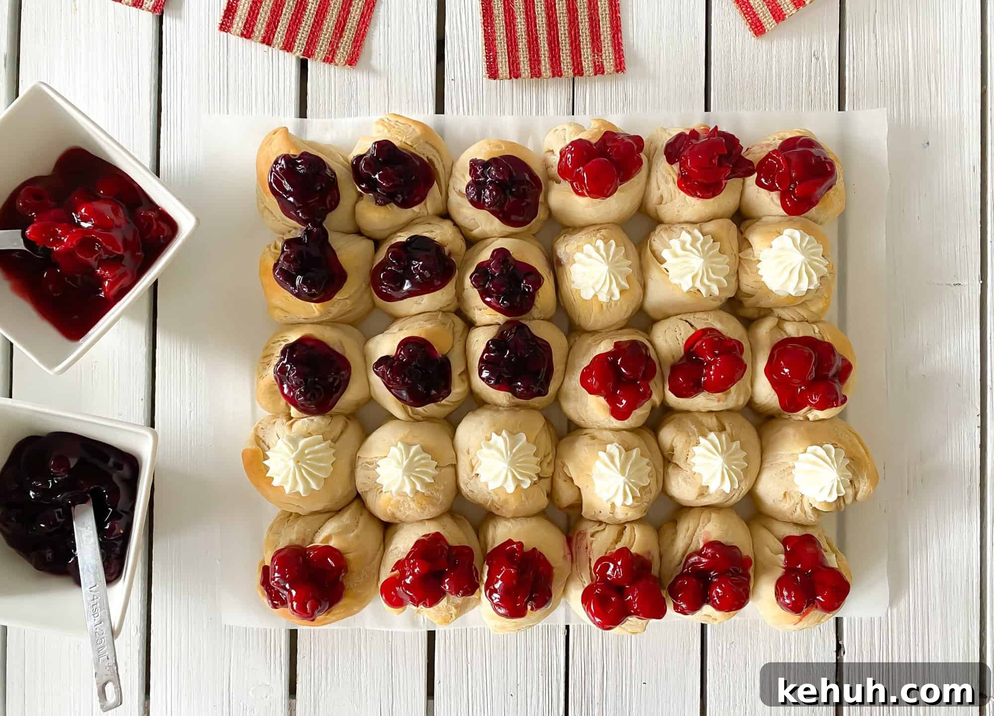 Patriotic American flag biscuit dessert with red, white and blue filling.