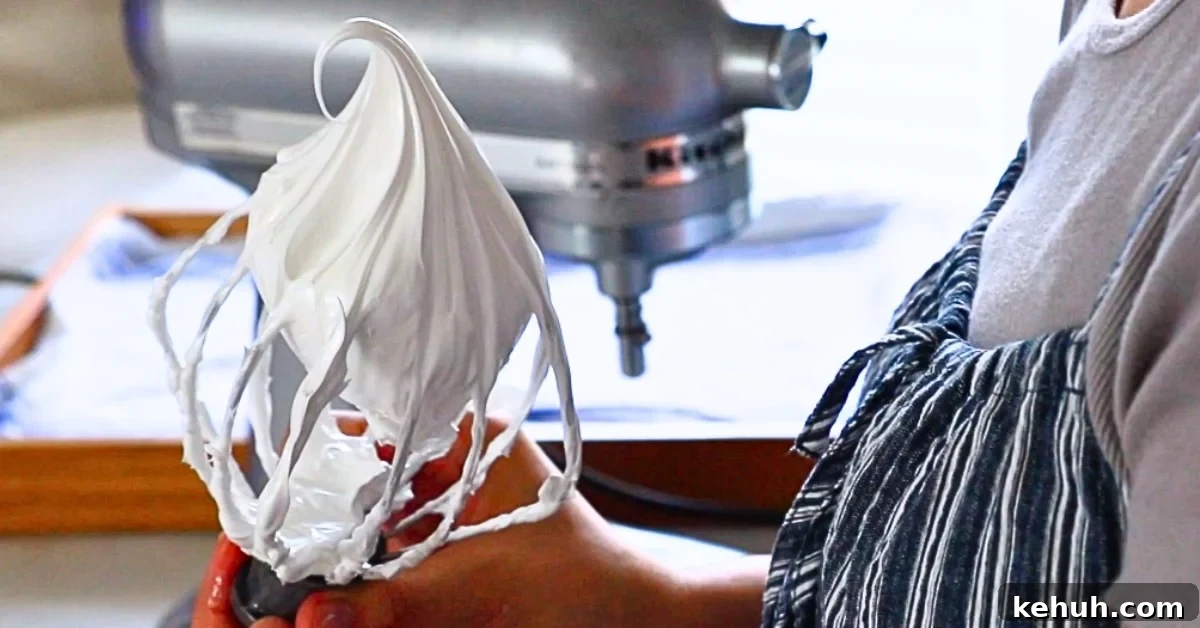 Swiss Meringue Mastery: How to Make Smooth, Glossy Meringue 9 holding a whisk of Swiss meringue