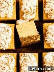 Pumpkin cheesecake bars from the top with slice turned over