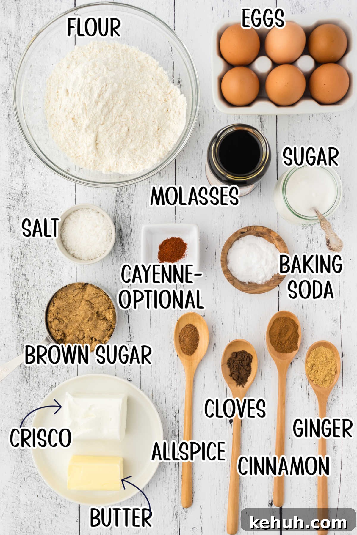 Chewy Molasses Crinkle Cookies Recipe 3 Labeled ingredients on a countertop.
