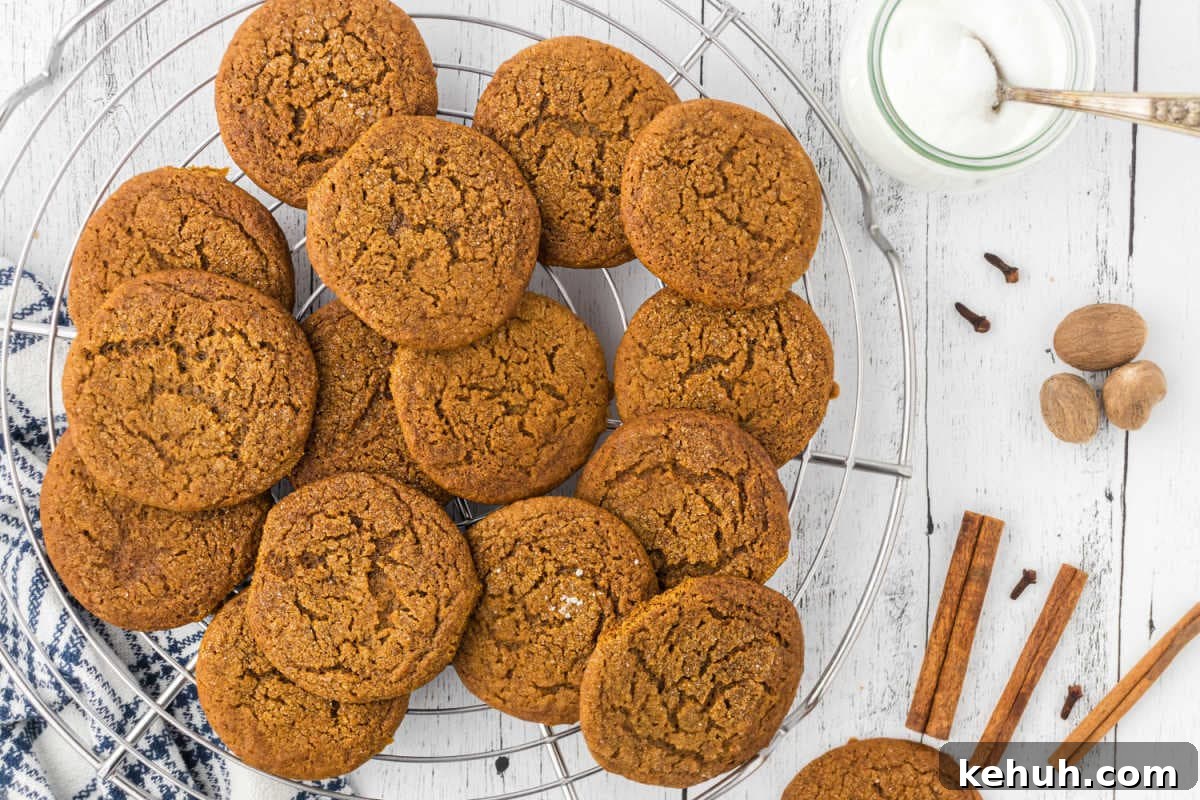 Chewy Molasses Crinkle Cookies Recipe 6 Finished molasses cookies with crinkly tops on a cooling rack.