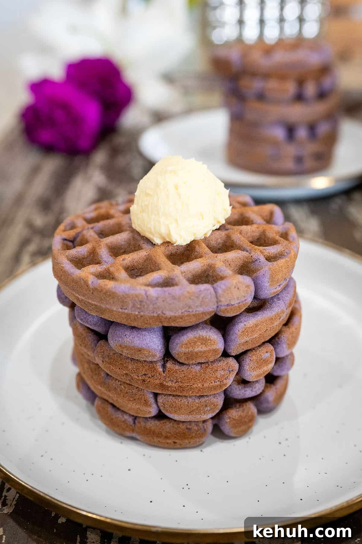 Ube Waffles Recipe: Crispy Purple Filipino Waffles 2 Stack of purple ube waffles.