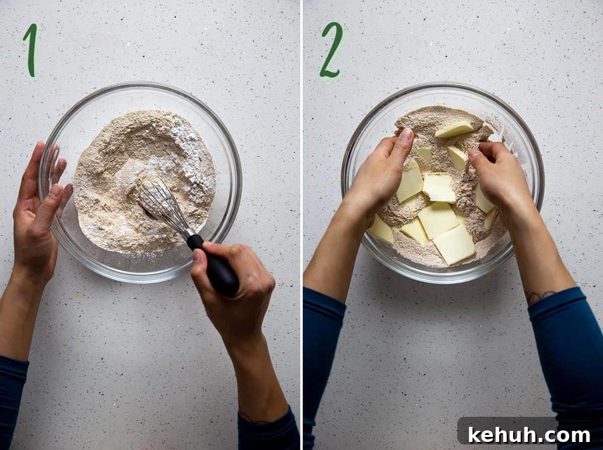 Honey Whole Wheat Biscuits Collage of 2 photos: mixing dry ingredients, adding butter.