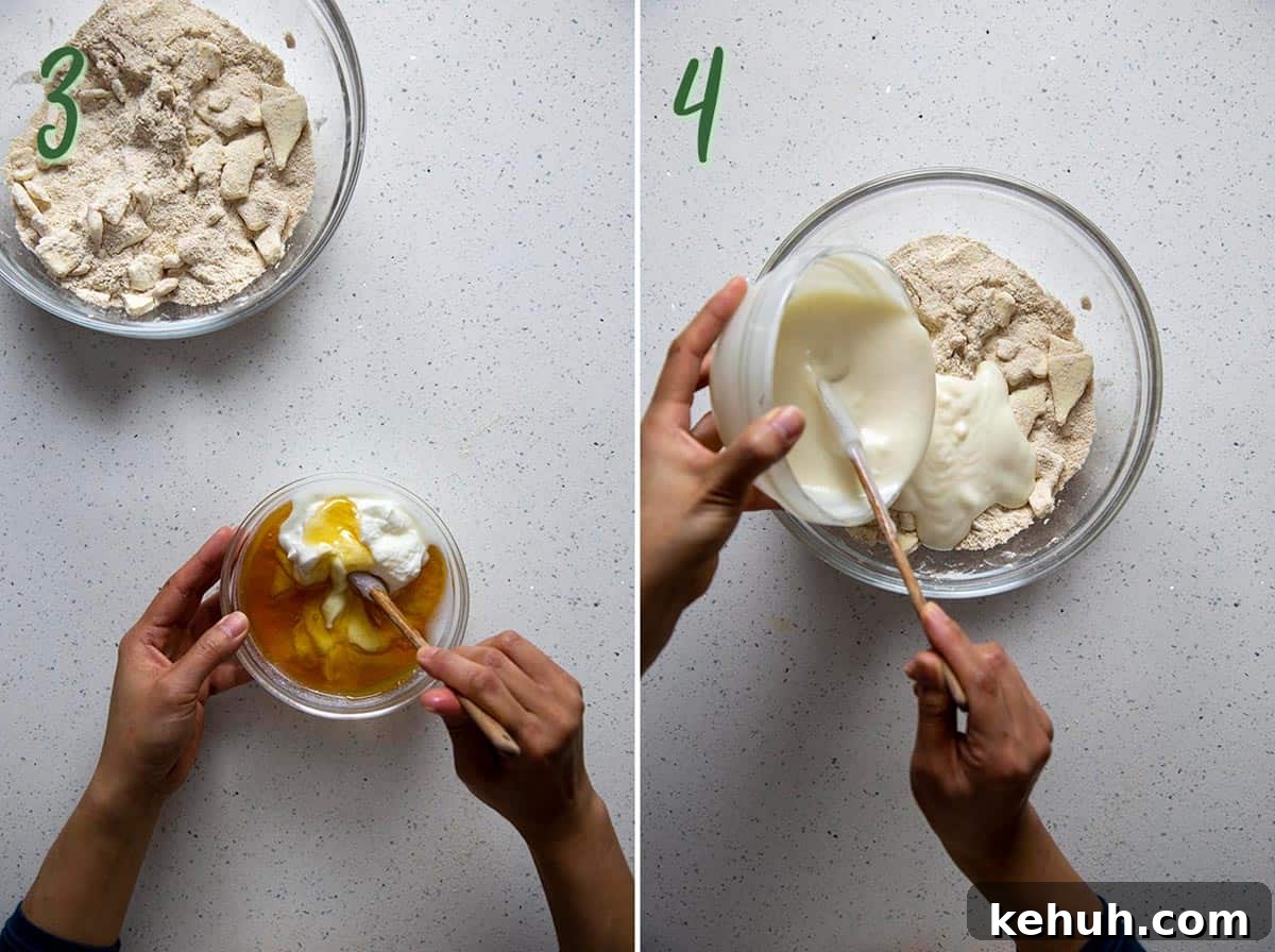 Honey Whole Wheat Biscuits Collage of 2 photos: mixing yogurt and honey, adding mixture to flour mixture.