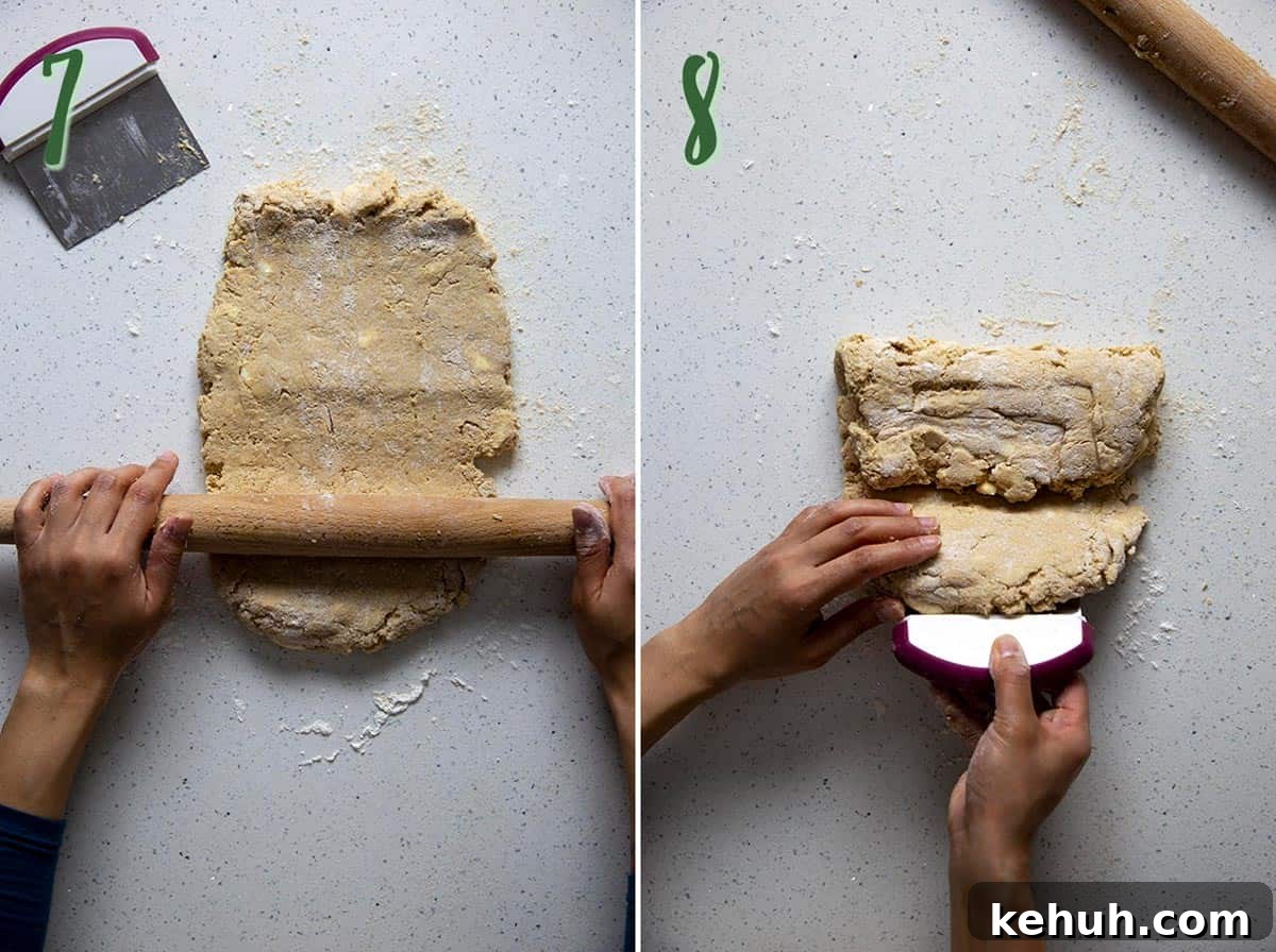 Honey Whole Wheat Biscuits Collage of 2 photos: rolling the dough, folding the dough.