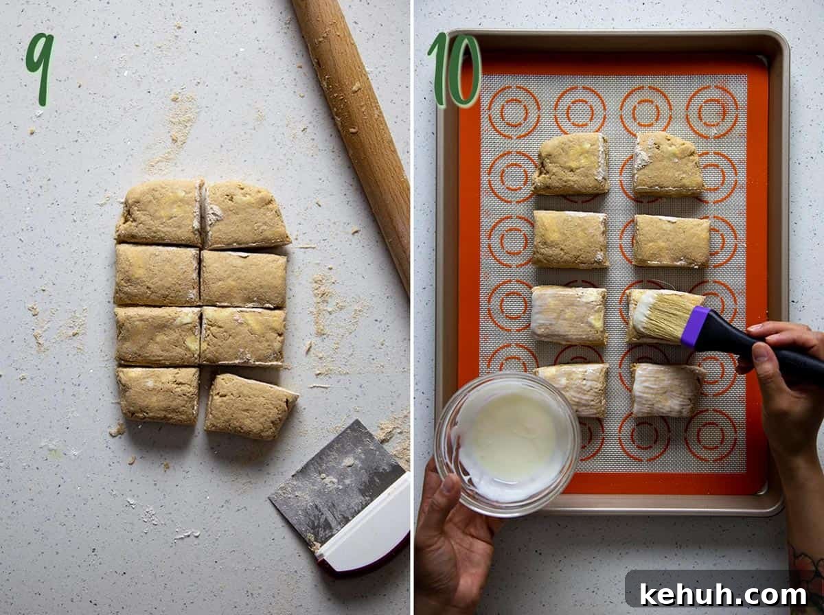 Honey Whole Wheat Biscuits Collage of 2 photos: dividing the dough, adding yogurt wash.