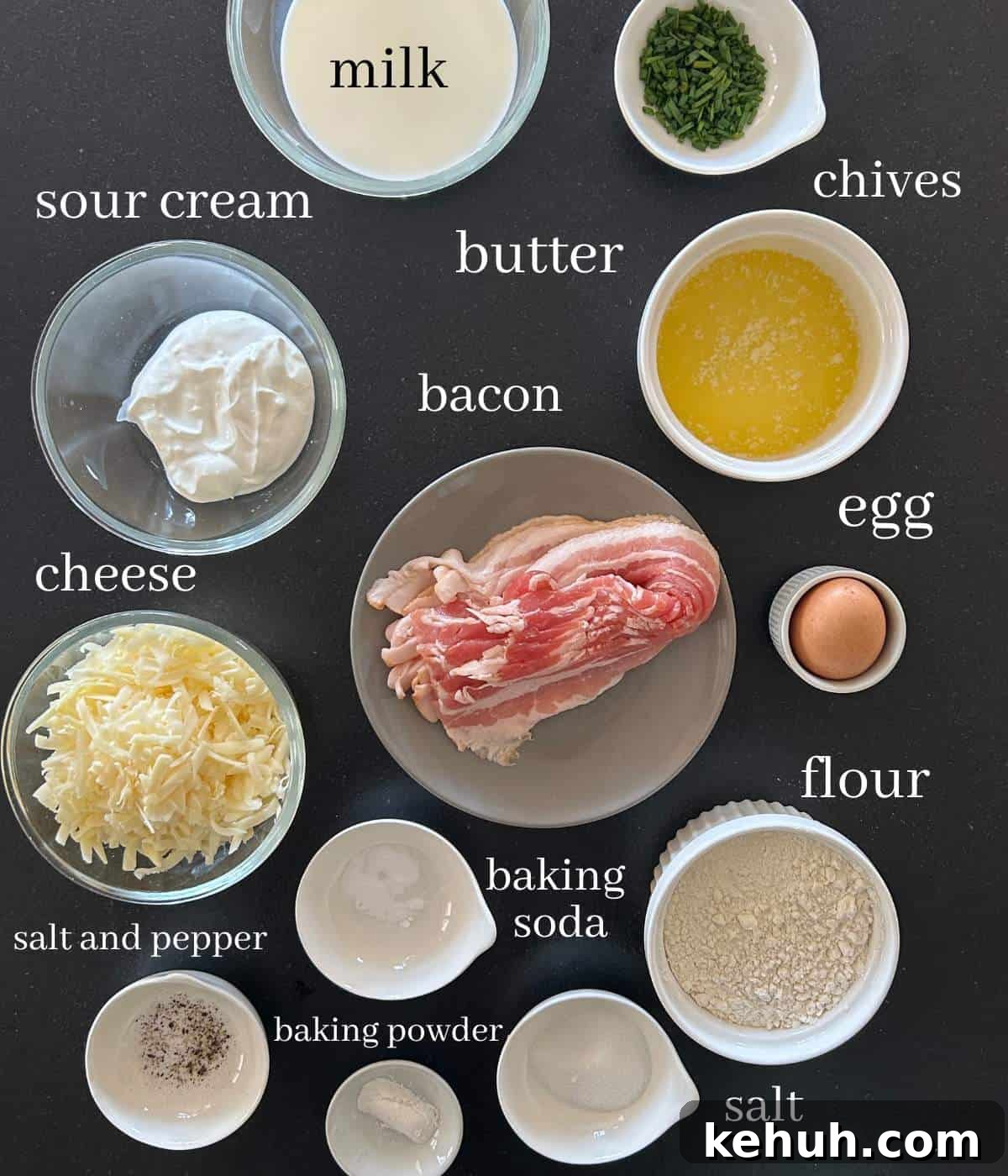 Cheesy Bacon Muffins: Savory Breakfast & Snack Recipe 3 Ingredients for muffins on countertop.