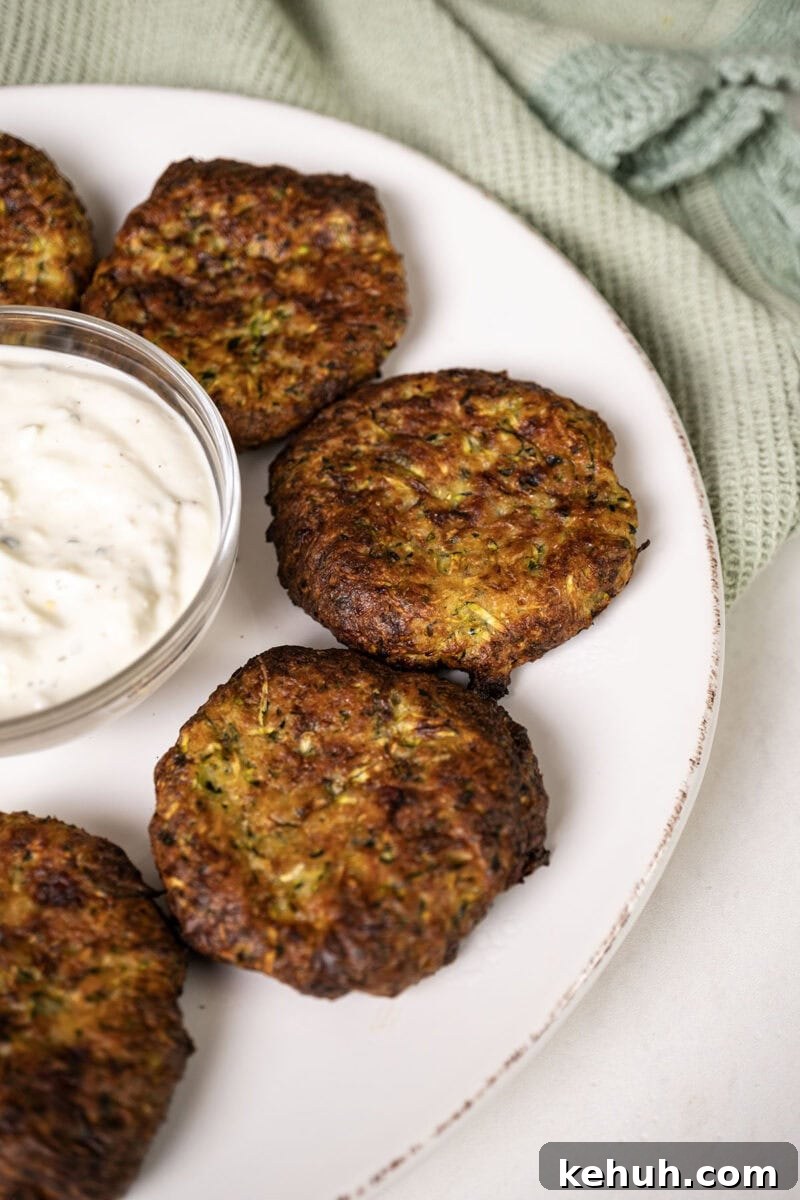 Crispy Air Fryer Zucchini Fritters Recipe 2 A plate of zucchini fritters with a dip.
