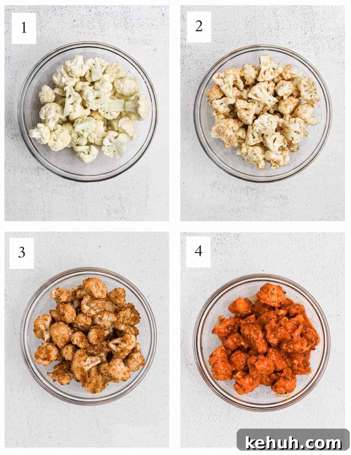 Spicy Buffalo Cauliflower Salad with Crisp Greens and Ranch Drizzle 4 Four different stages of buffalo cauliflower, all in round glass bowls.