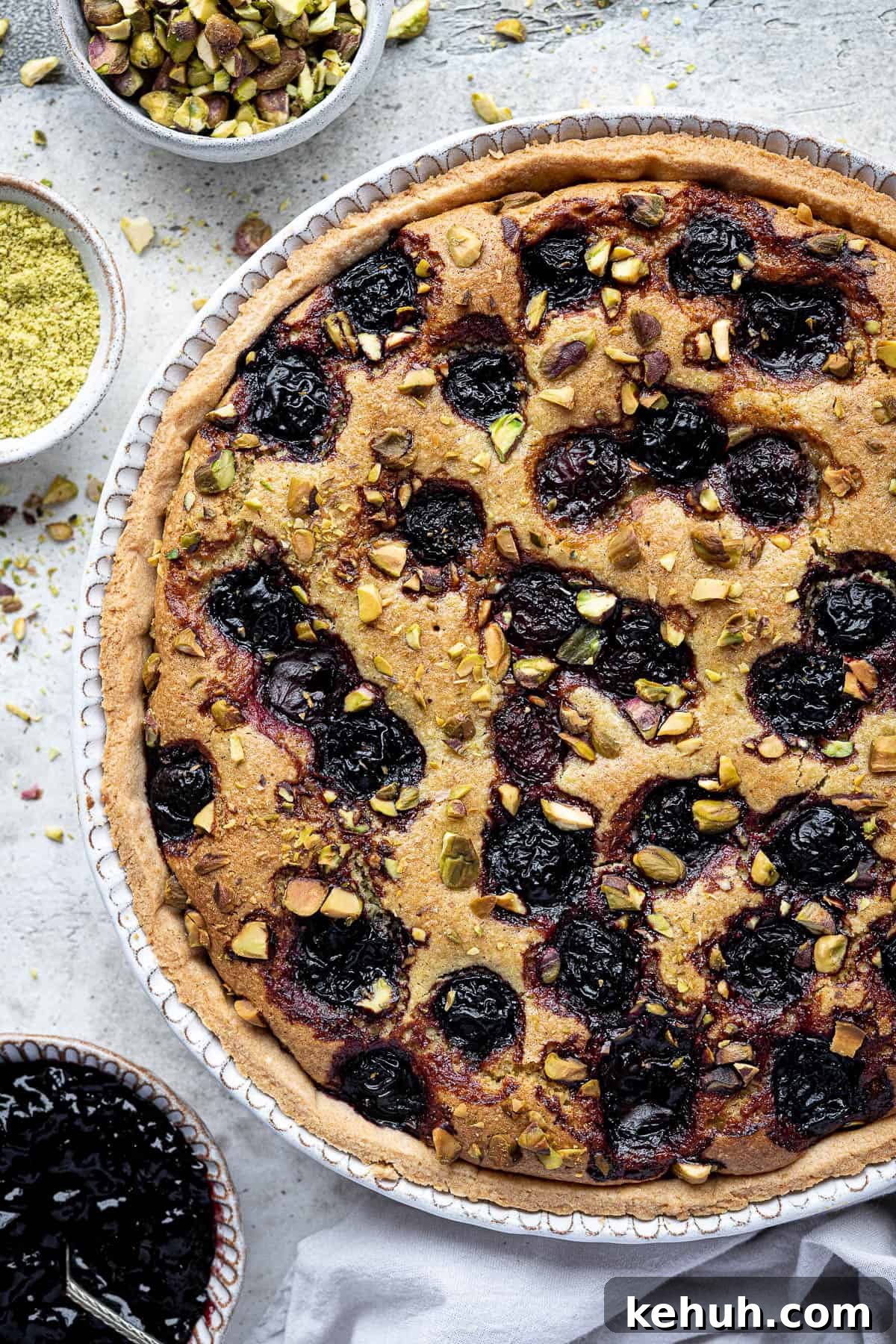 Vegan Pistachio and Cherry Frangipane Tart Recipe 8 Close up of the pistachio frangipane tart.