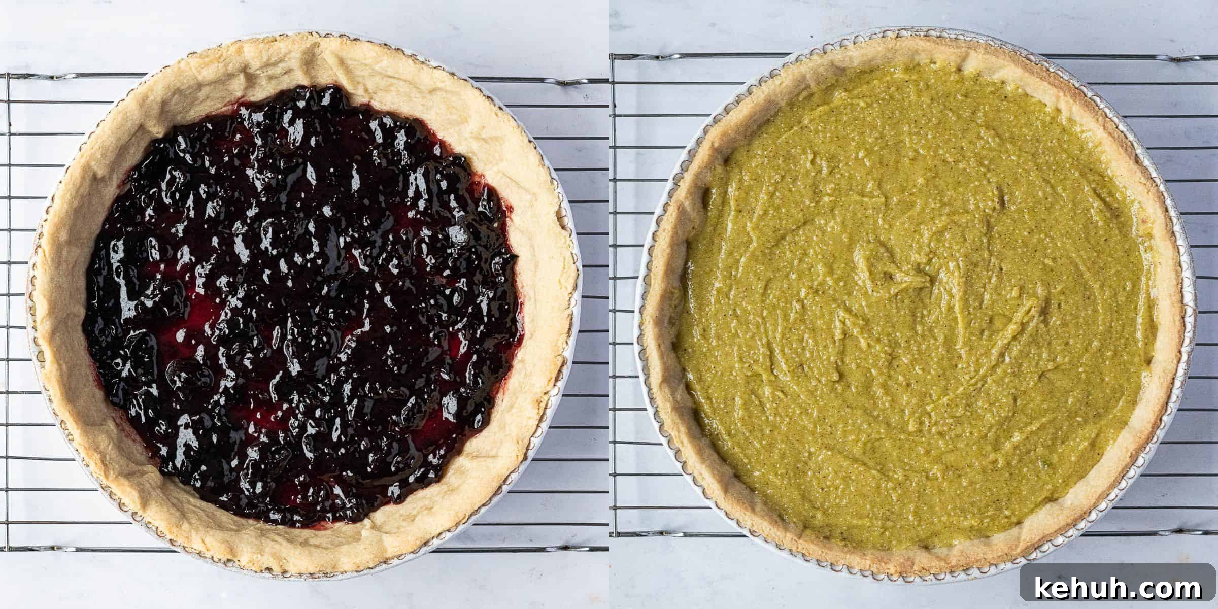 Vegan Pistachio and Cherry Frangipane Tart Recipe 6 Step 6, a two image collage of assembling the tart.