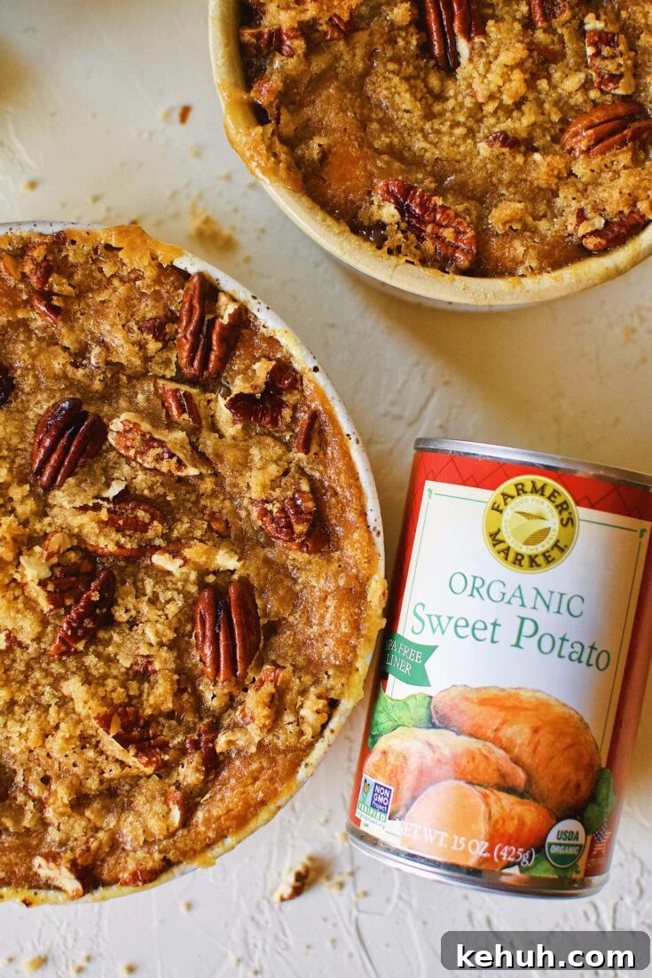 Great Aunt Sally's Sweet Potato Soufflé right out of the oven with a can of Farmers Market Foods Sweet Potato puree next to it.