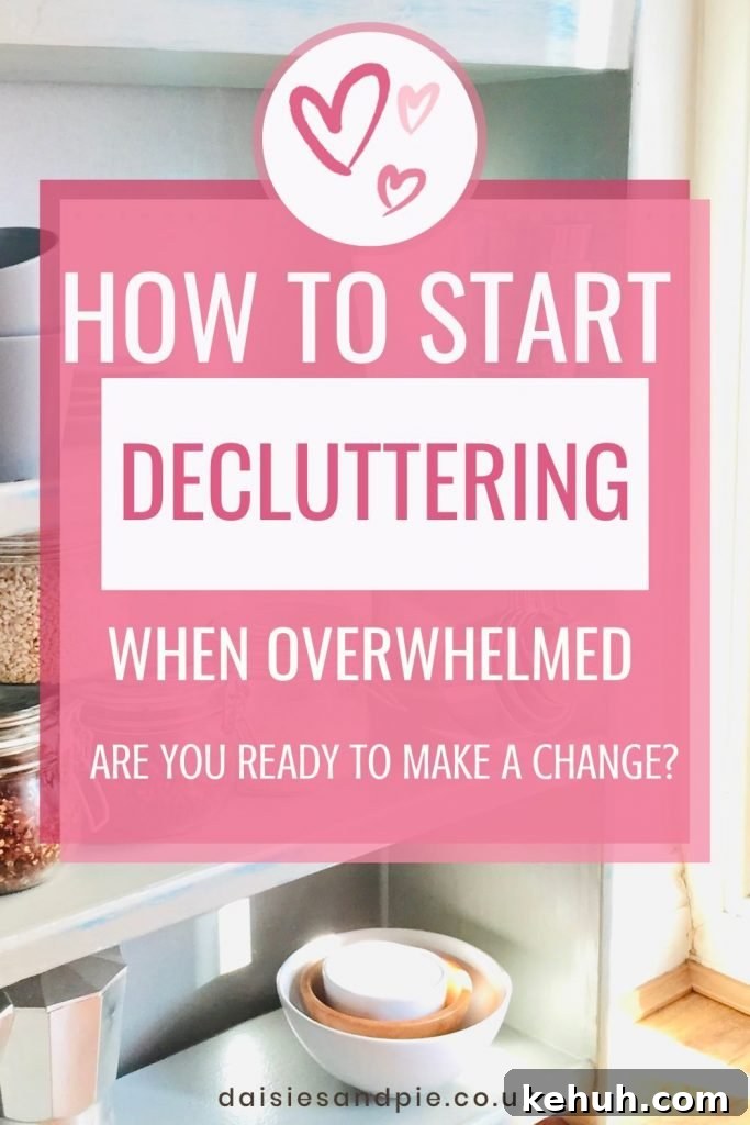 tidy kitchen shelf with bowls in piles. text overlay reads "how to start decluttering when overwhelmed - are you ready to make a change?"