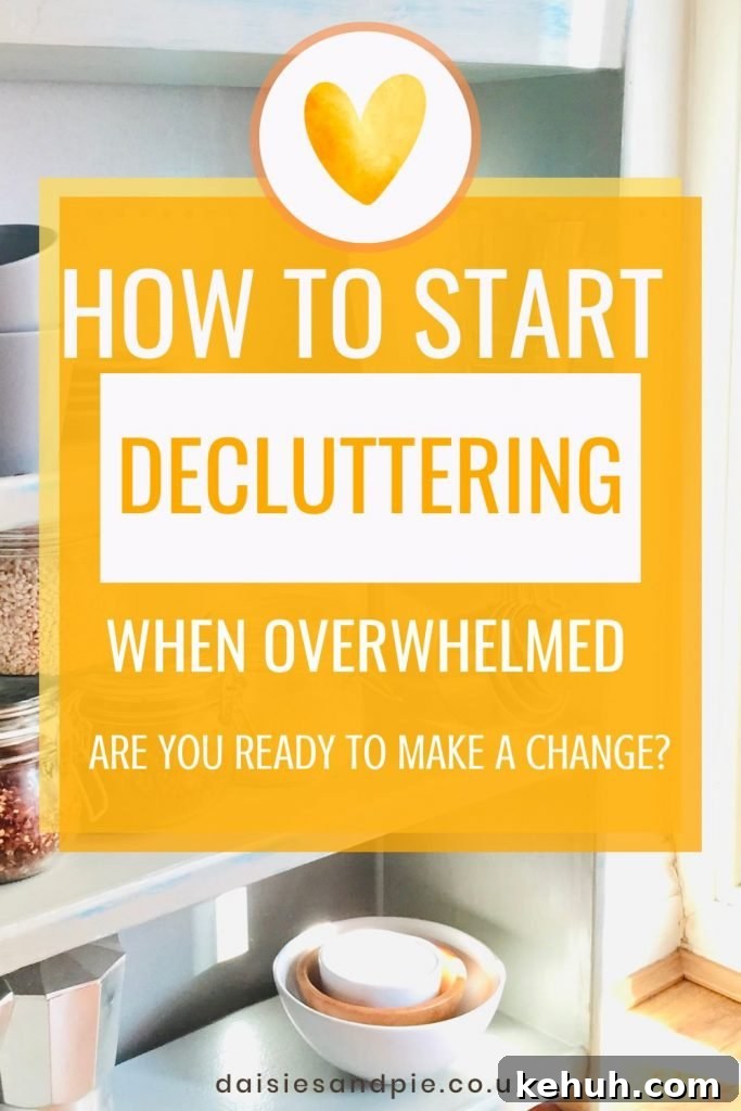 tidy kitchen shelf with bowls in piles. text overlay reads "how to start decluttering when overwhelmed - are you ready to make a change?"