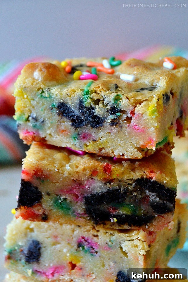 Cookies and Cream Cake-Batter Blondies: Decadent No-Fuss Treat 6 Closeup stack of cookies & cream cake batter blondies