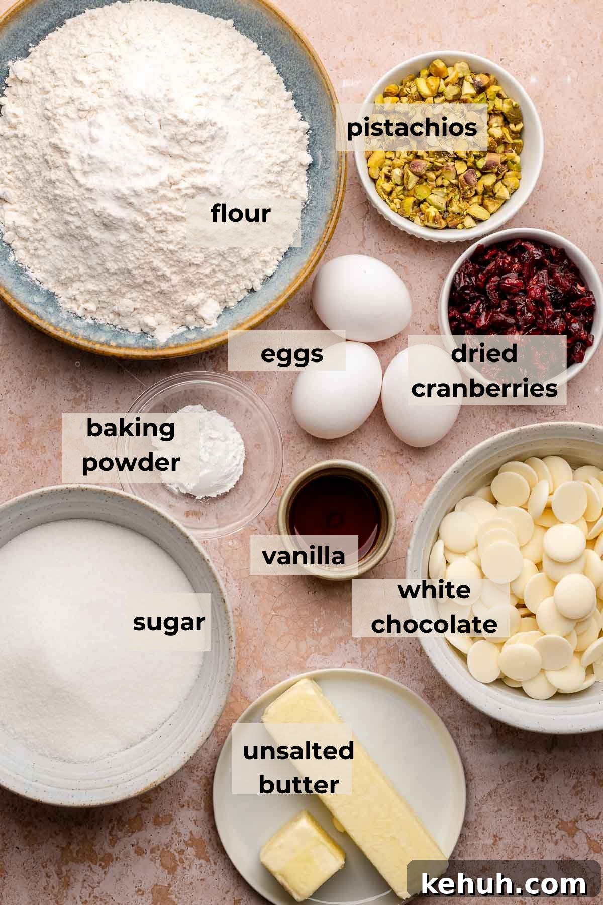 Ingredients for cranberry pistachio biscotti.