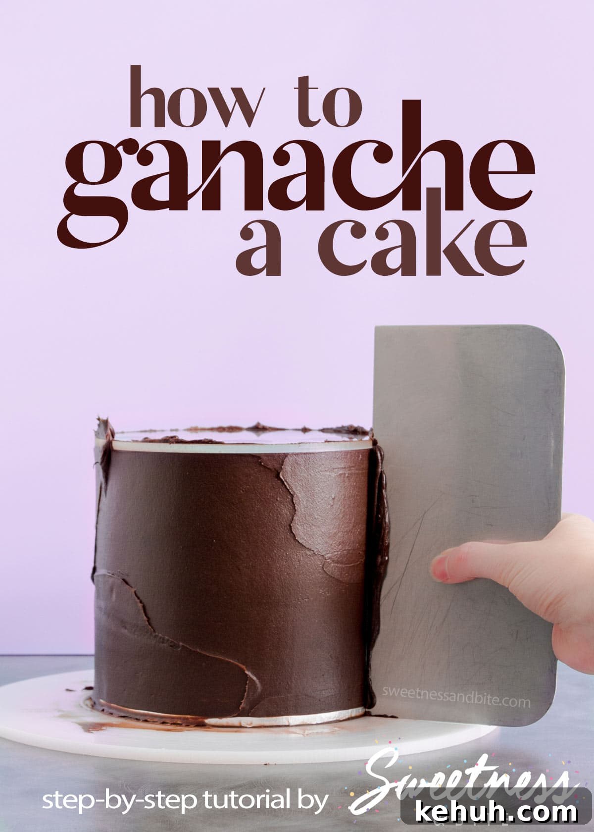 How to Cover a Cake with Smooth Ganache Finish 2 A cake being ganached with a stainless steel scraper, text overlay reads "how to ganache a cake".