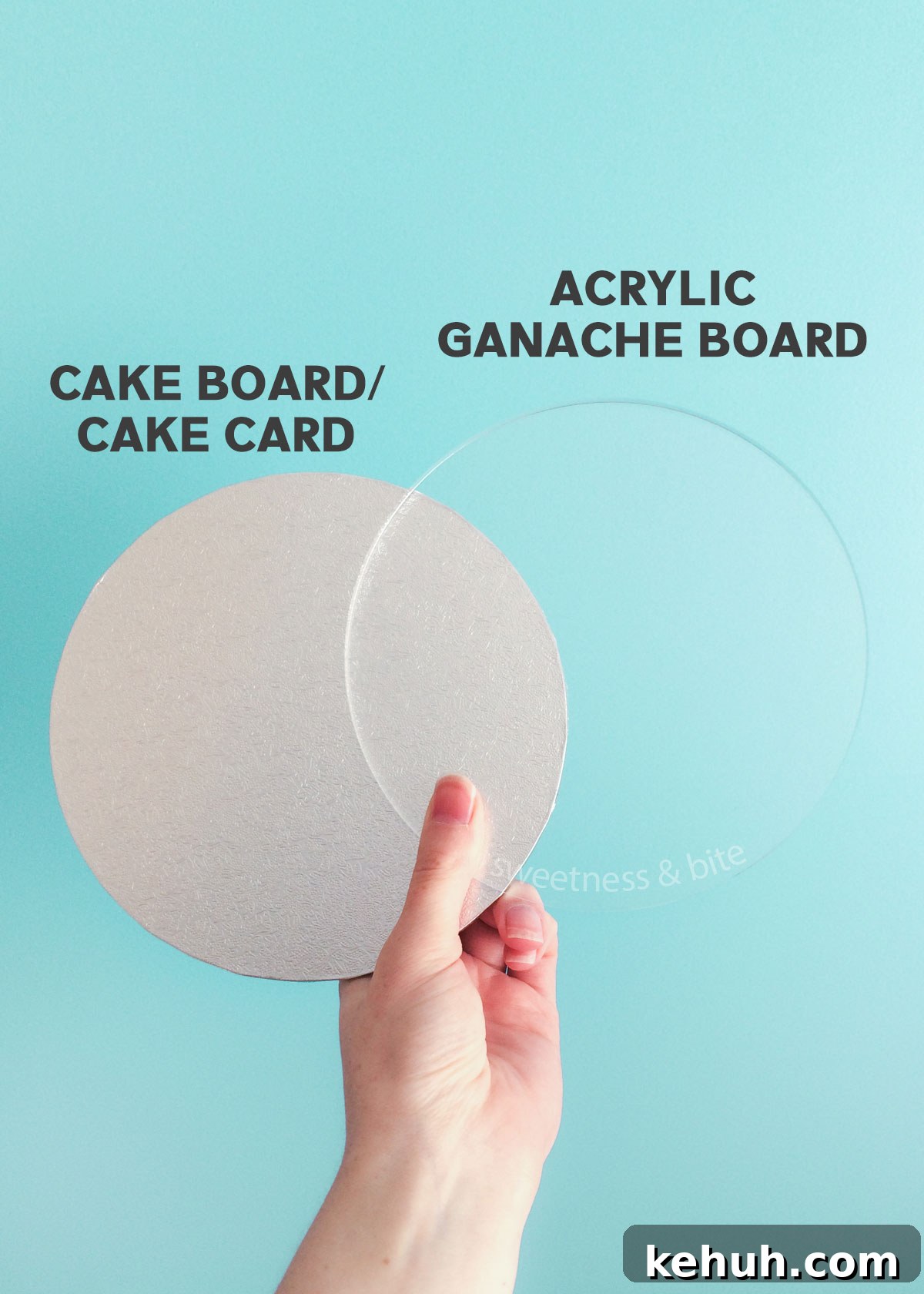 How to Cover a Cake with Smooth Ganache Finish 3 A hand holding a silver cake card and a clear acrylic ganache board the same size.
