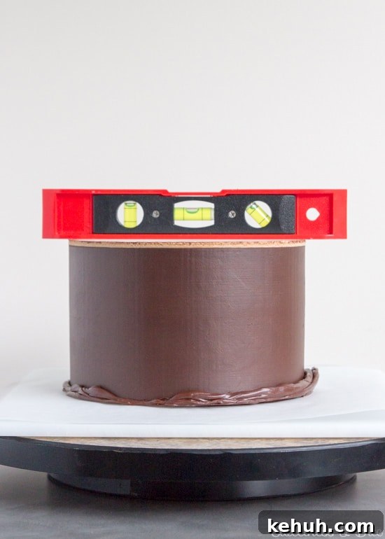 How to Cover a Cake with Smooth Ganache Finish 13 The upside down cake, with a spirit level placed on top.