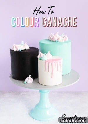 How to Cover a Cake with Smooth Ganache Finish 17 Three ganache covered cakes, black, white and teal, on a cake stand with text overlay reading: "how to colour ganache".
