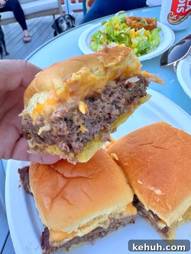 Copycat White Castle Sliders Recipe: Homemade Mini Beef Patties 7 A close up of the homemade White Castle slider