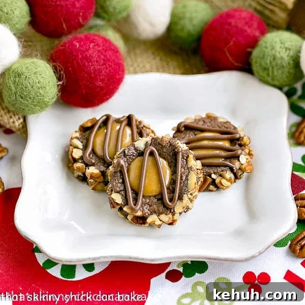 Turtle Thumbprint Cookies - chocolate thumbprints rolled in pecans and filled with caramel!