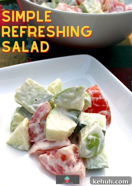 Simple Refreshing Salad. Simple ingredients using apple, cucumber, and tomato combined with a lovely easy yogurt dressing makes for a deliciously refreshing salad.