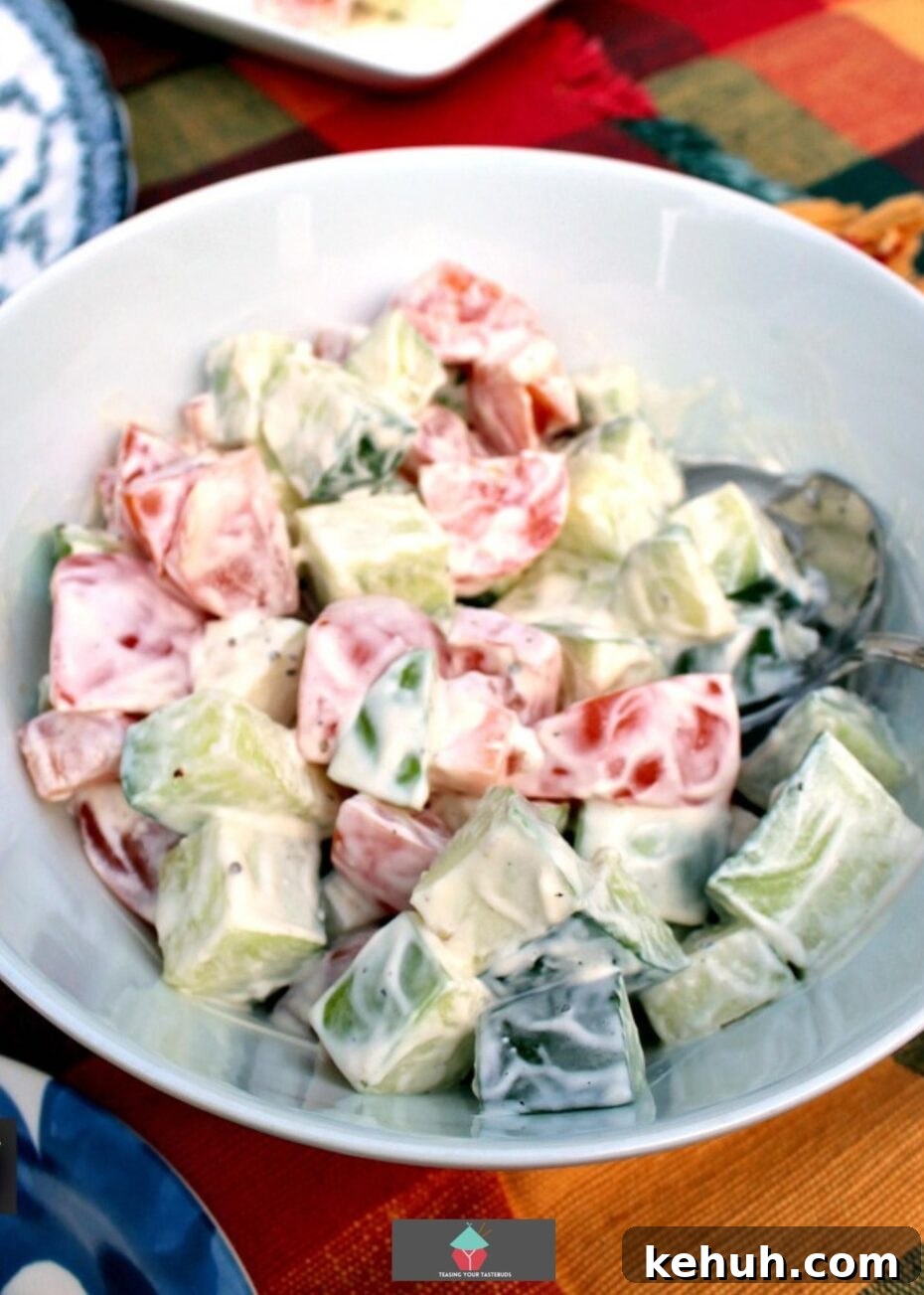 Simple Refreshing Salad. Simple ingredients using apple, cucumber, and tomato combined with a lovely easy yogurt dressing makes for a deliciously refreshing salad.