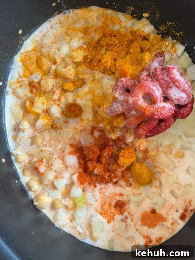 A slow cooker pan with coconut milk, chickpeas and spices, ready to be stirred.