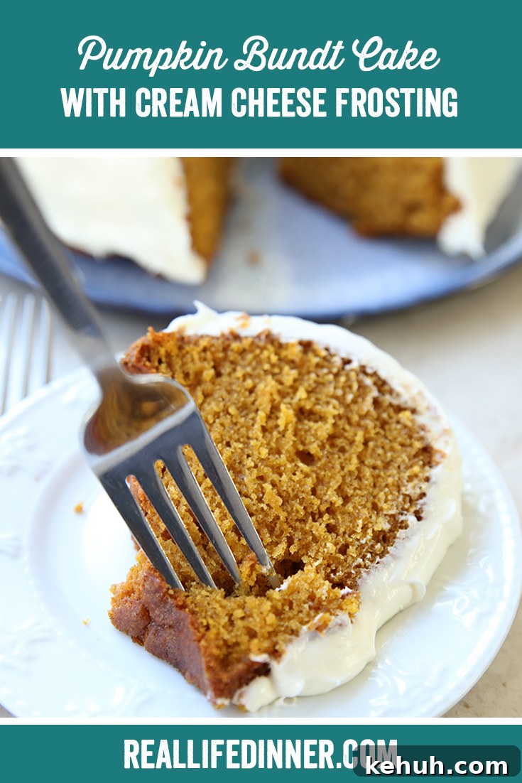 Pumpkin Bundt Cake with Cream Cheese Glaze — Fall Dessert Recipe 15 Pinterest picture with the text "Pumpkin Bundt Cake with Cream Cheese Frosting" at the top.