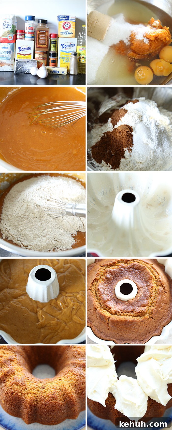 Pumpkin Bundt Cake with Cream Cheese Glaze — Fall Dessert Recipe 5 10-photo picture collage of step-by-step photos of how to make pumpkin bundt cake with cream cheese frosting.