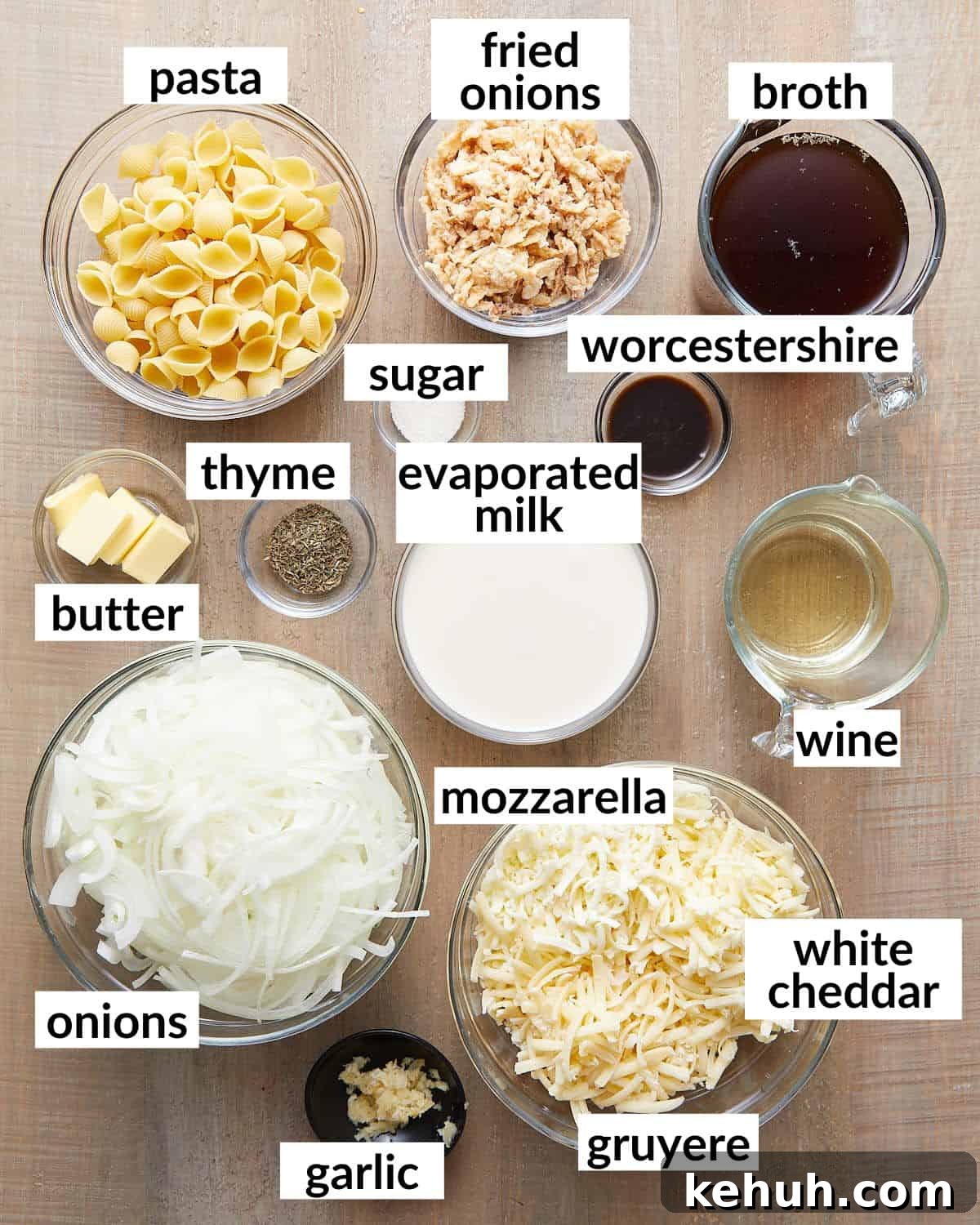 Overhead image of ingredients needed for french onion mac and cheese.