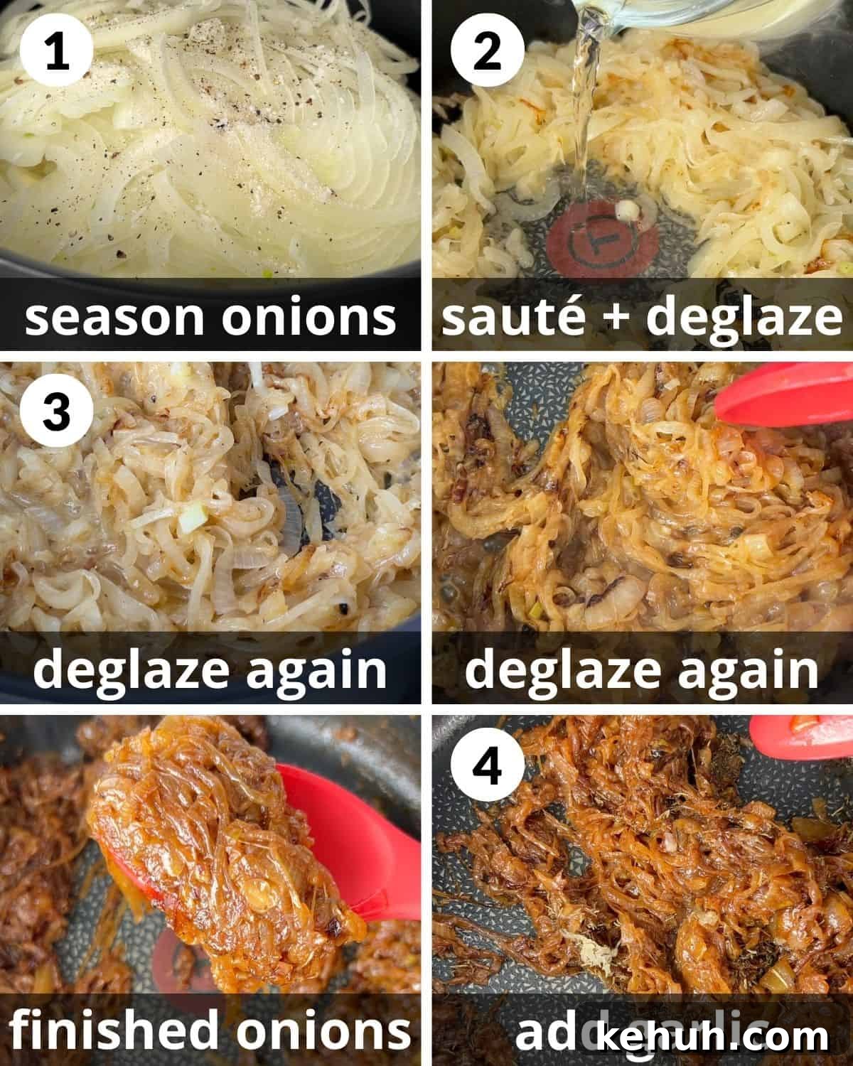 A 6 photo collage showing the beginning assembly of french onion mac and cheese.