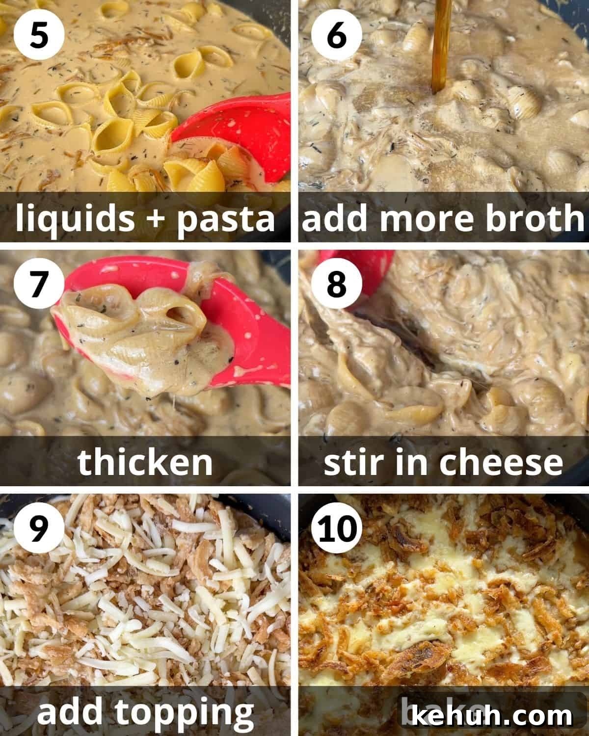 A 6 photo collage showing the final assembly of french onion mac and cheese.