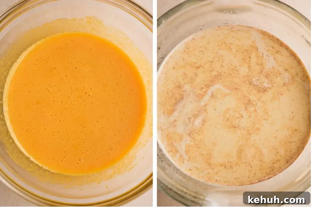 What is creme brulee Side-by-side images showing the pumpkin egg mixture and the spiced cream mixture in glass bowls.