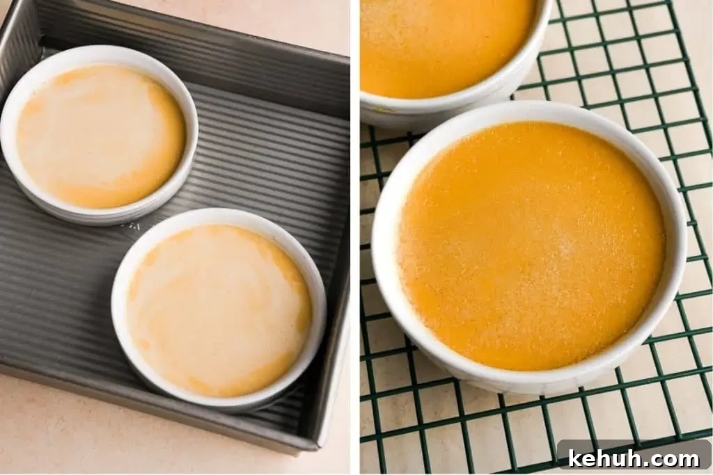 how to make pumpkin creme brulee Pumpkin creme brulee in ramekins inside a baking pan for water bath, and cooled custards on a wire rack.