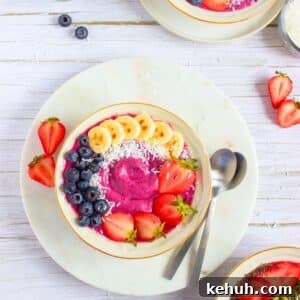 overhead view of 3 High Protein Berry Smoothie Bowl