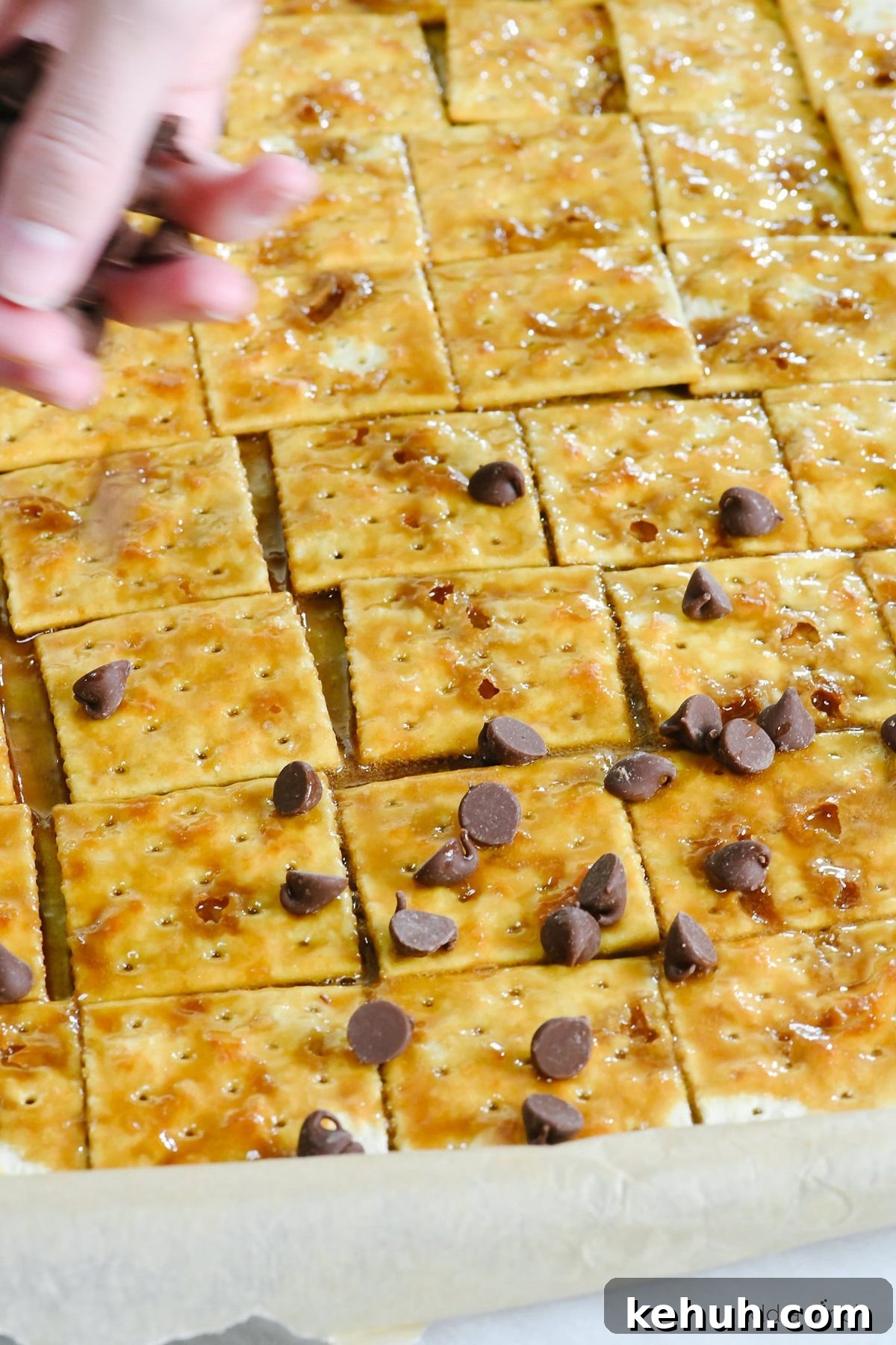 Classic Cracker Toffee Recipe with Crunchy Caramel Topping 6 Hand sprinkles chocolate chip over caramel covered saltines on a baking sheet.
