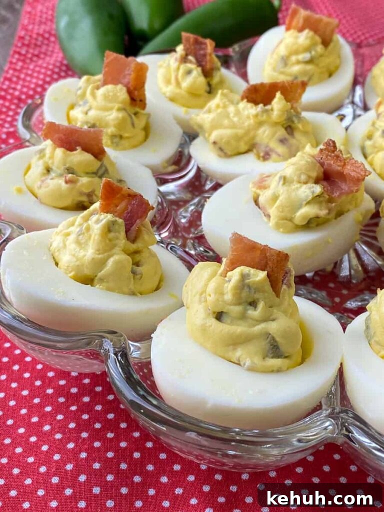 Bacon Jalapeño Deviled Eggs Recipe – Spicy Stuffed Egg Bites 9 Close up bacon jalapeno deviled eggs