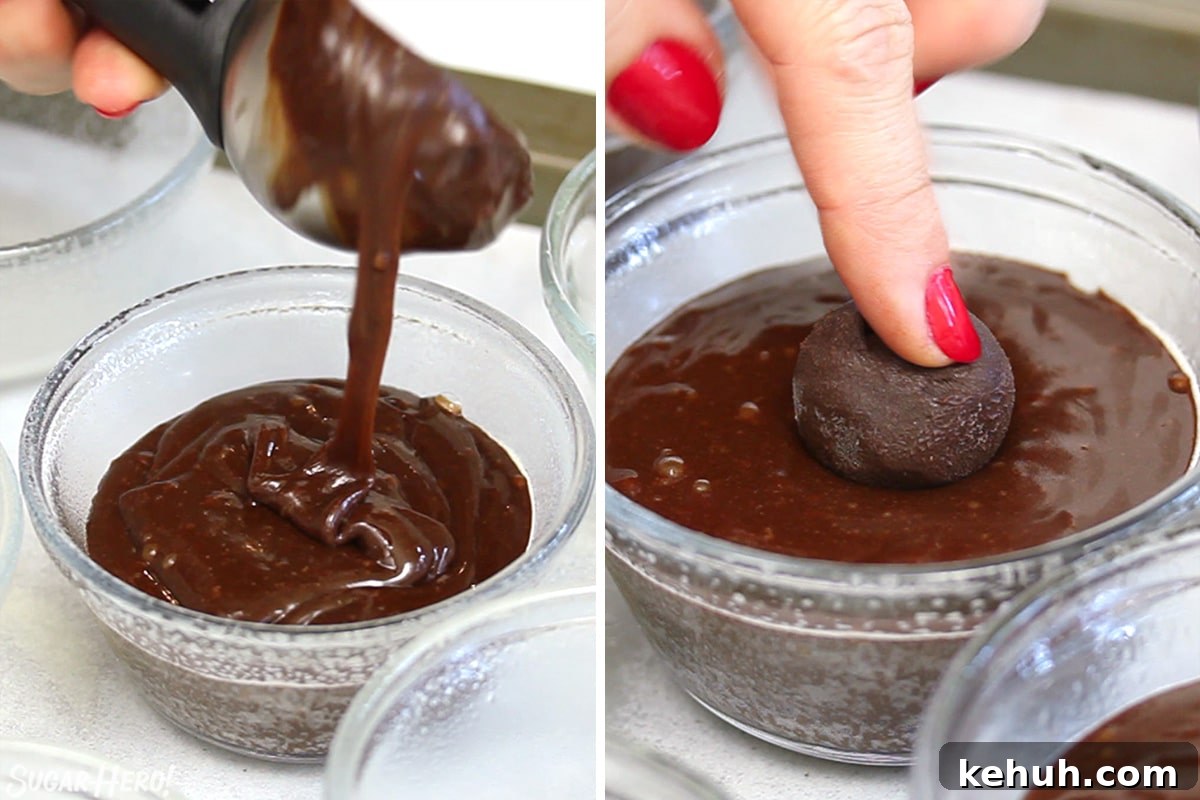 Two-photo collage showing how to scoop and assemble the cakes for Peppermint Lava Cakes.