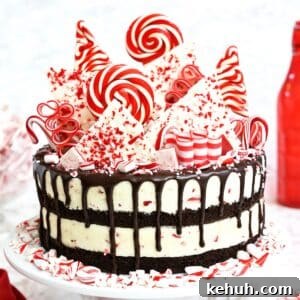 Candy Cane Mousse Cake on a white cake plate surrounded by crushed candy canes.