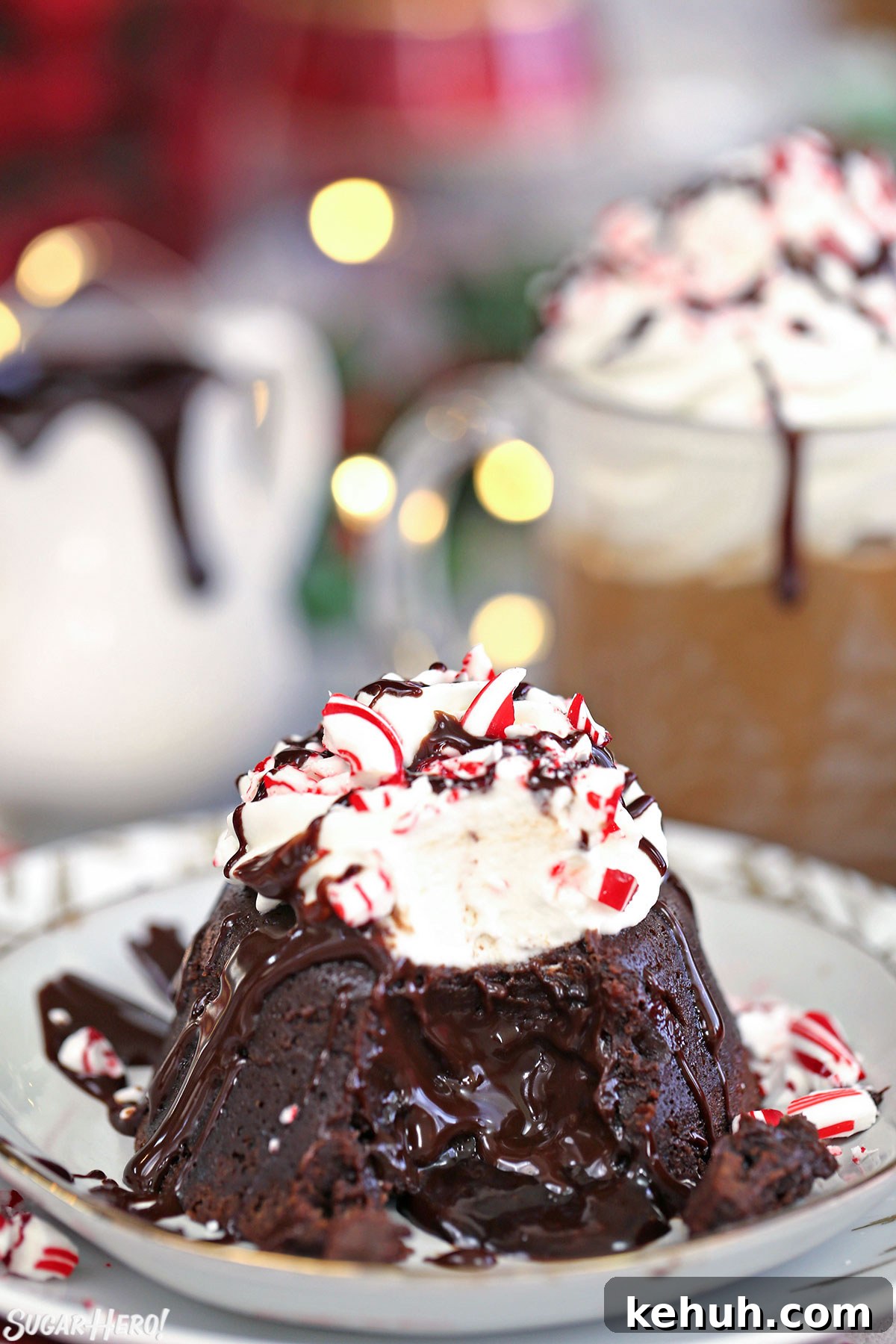 Peppermint Lava Cake with a bite taken out of it and chocolate flowing from the center.
