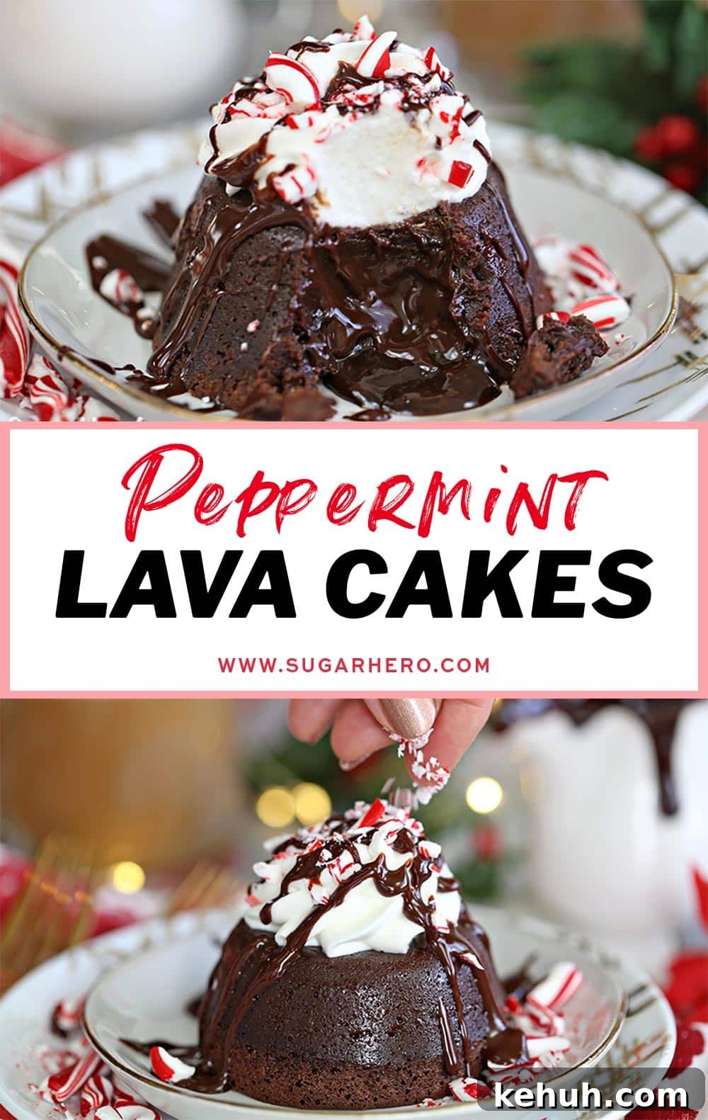 Two photo collage of Peppermint Lava Cakes with text overlay for Pinterest