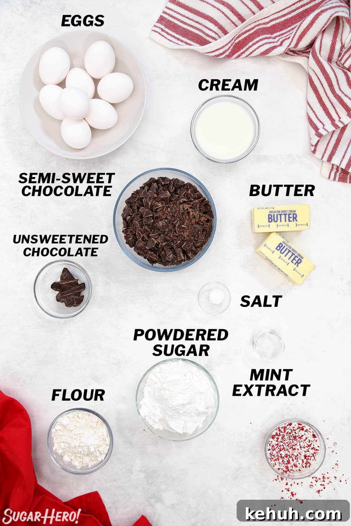 Overhead shot of ingredients needed to make Peppermint Lava Cakes.